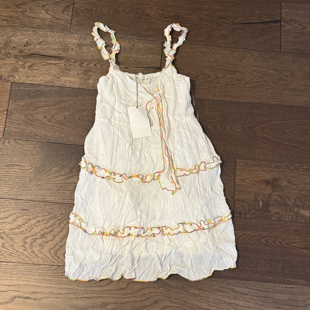 White Ruffled Dress with Colorful Trim